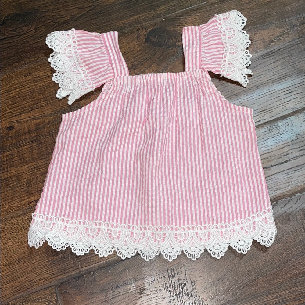 Rare Editions Pink and White Lace Trim Blouse